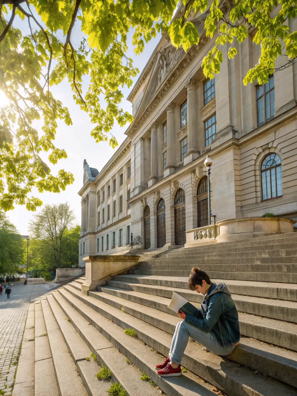 A student studying at a historic university in Europe, surrounded by classic architecture and lush greenery, symbolizing a rich academic environment.