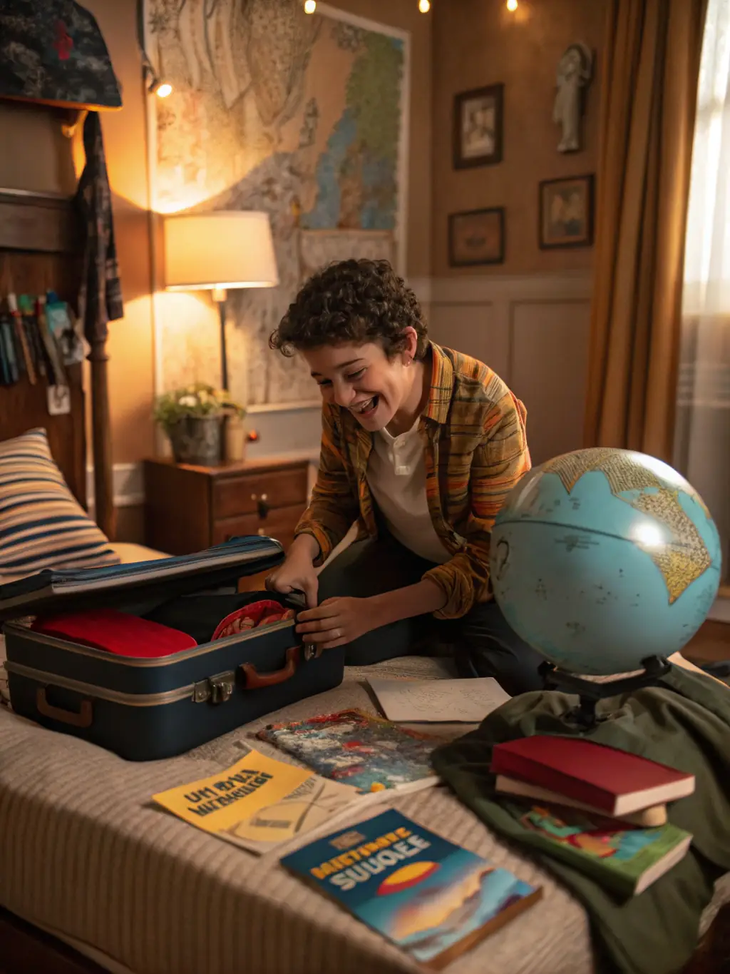 A student packing their bags for an international study trip, with a sense of excitement and anticipation. The image should convey the ease and convenience of our travel arrangements service.