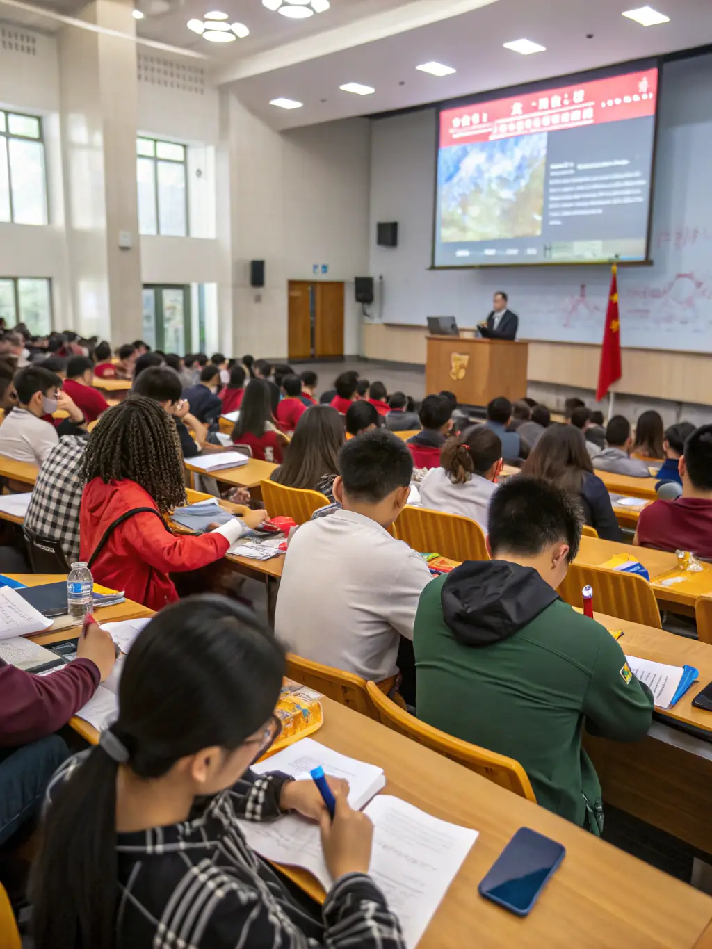 A student attending a lecture at a top-ranked university in North America, emphasizing academic excellence and career opportunities.