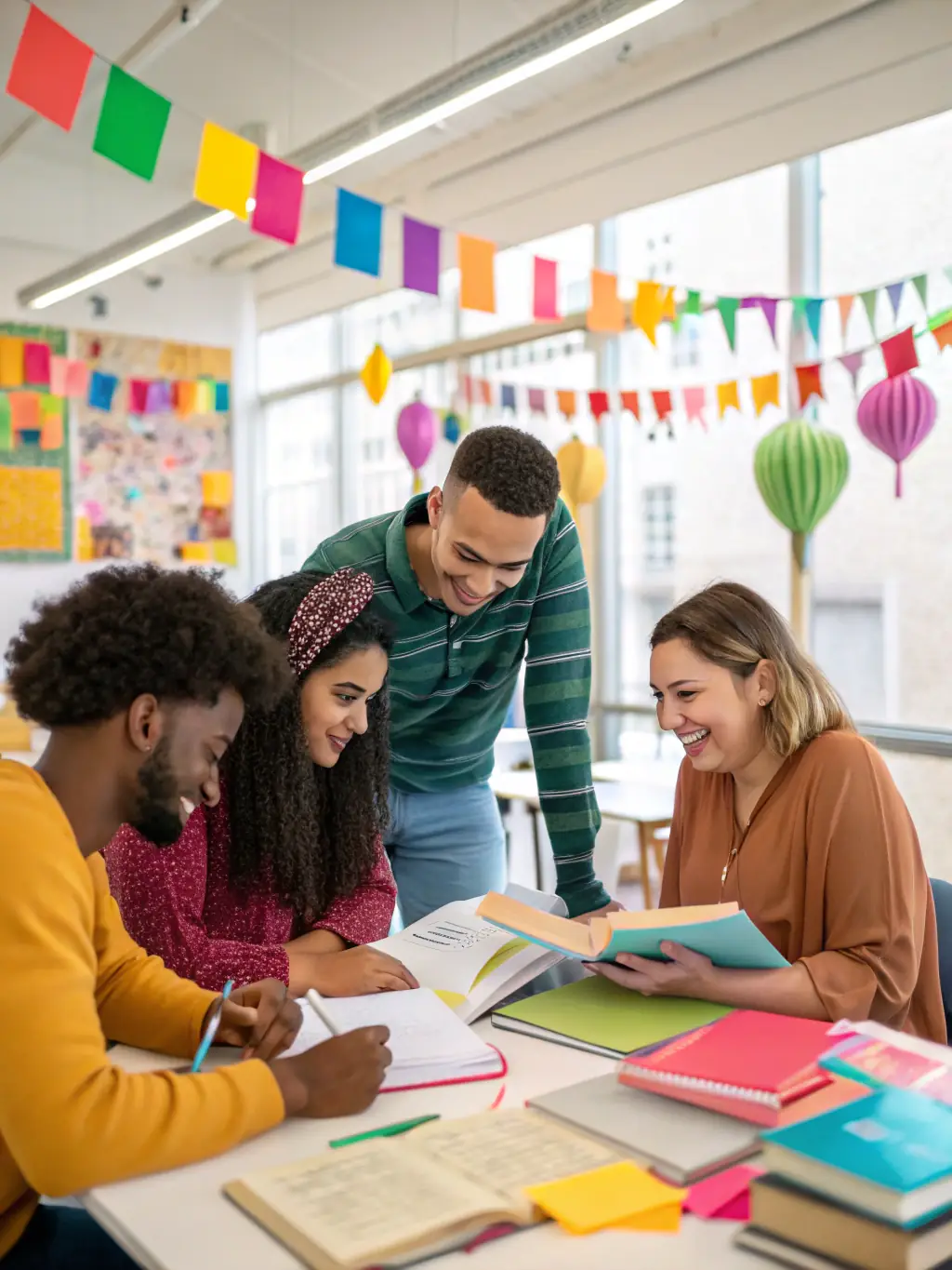 A diverse group of students studying together in an international setting, representing the global study opportunities facilitated by Scholars Connect Company Ltd.